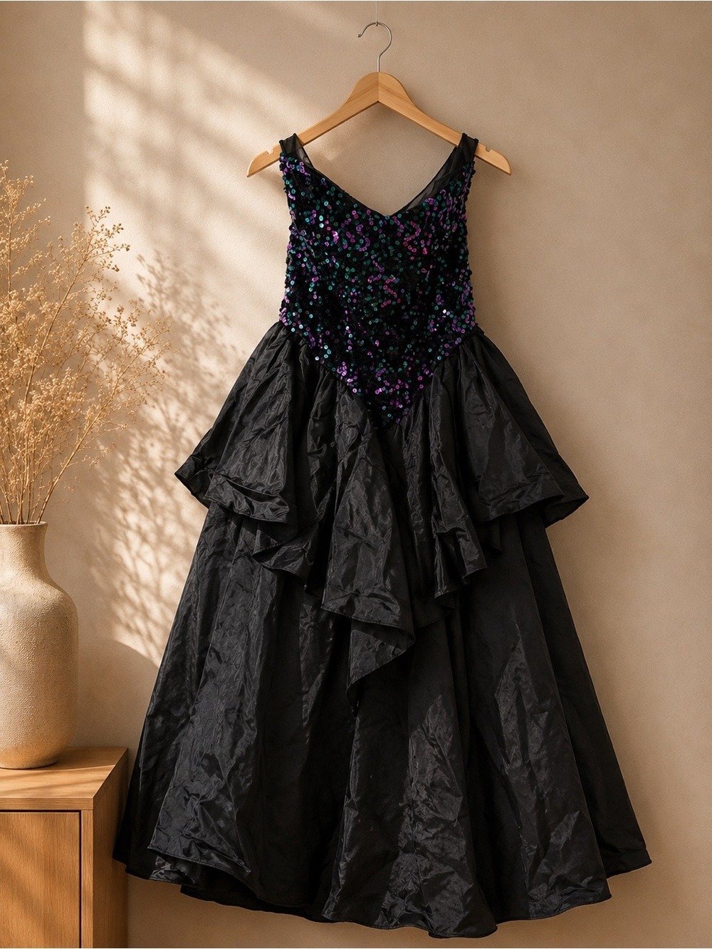 1980s Black Sequin Bodice Ball Prom Gown • ILGWU Union Made USA • Dramatic Bow